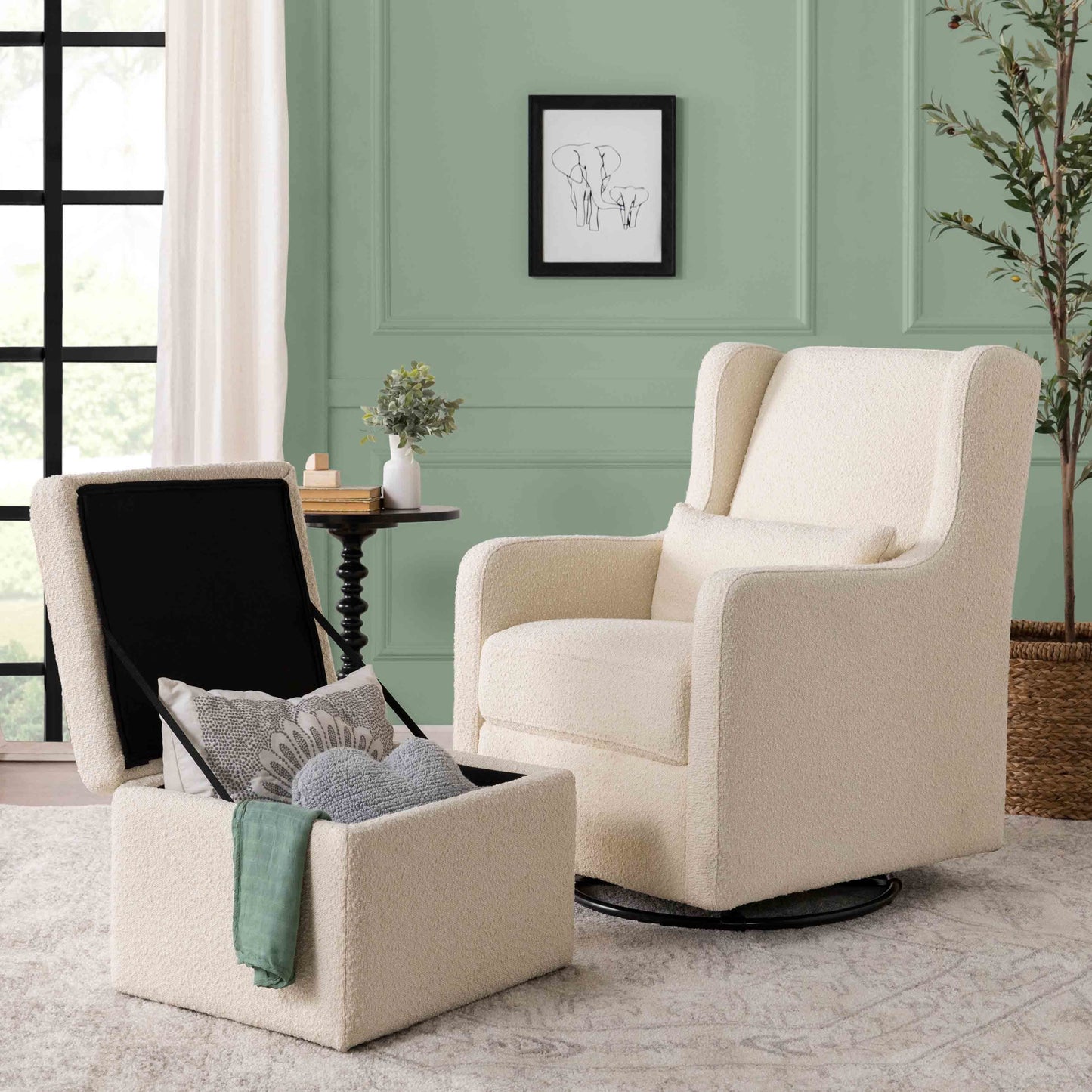 Adrian Swivel Glider with Storage Ottoman | Ivory Boucle fabric